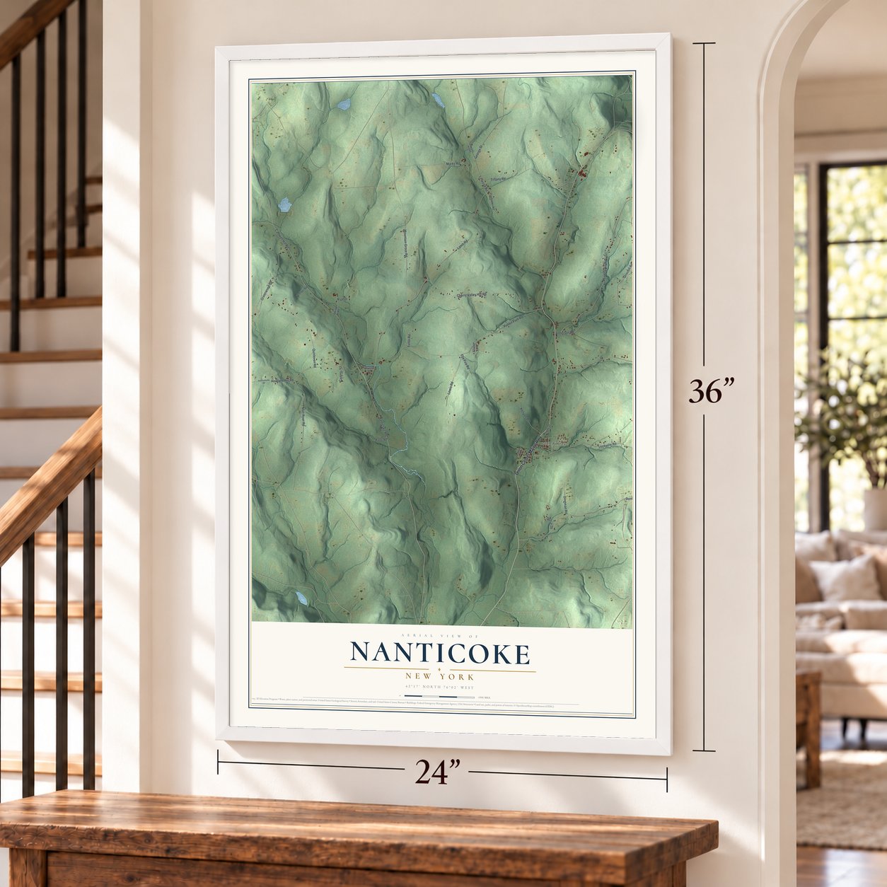 Nanticoke, New York map, 24 x 36 inch print in a white frame by a staircase