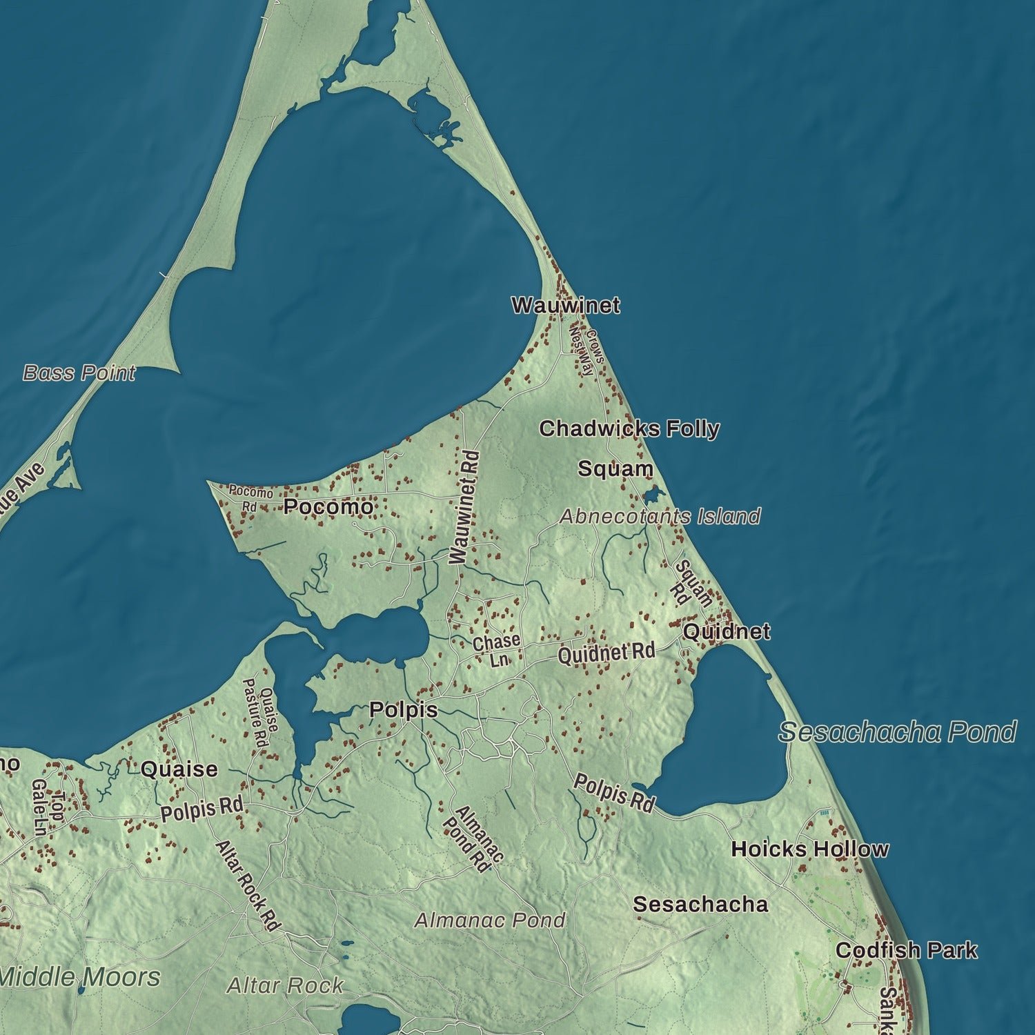 Close-up of the map of Nantucket, Massachusetts print showing terrain and local geography