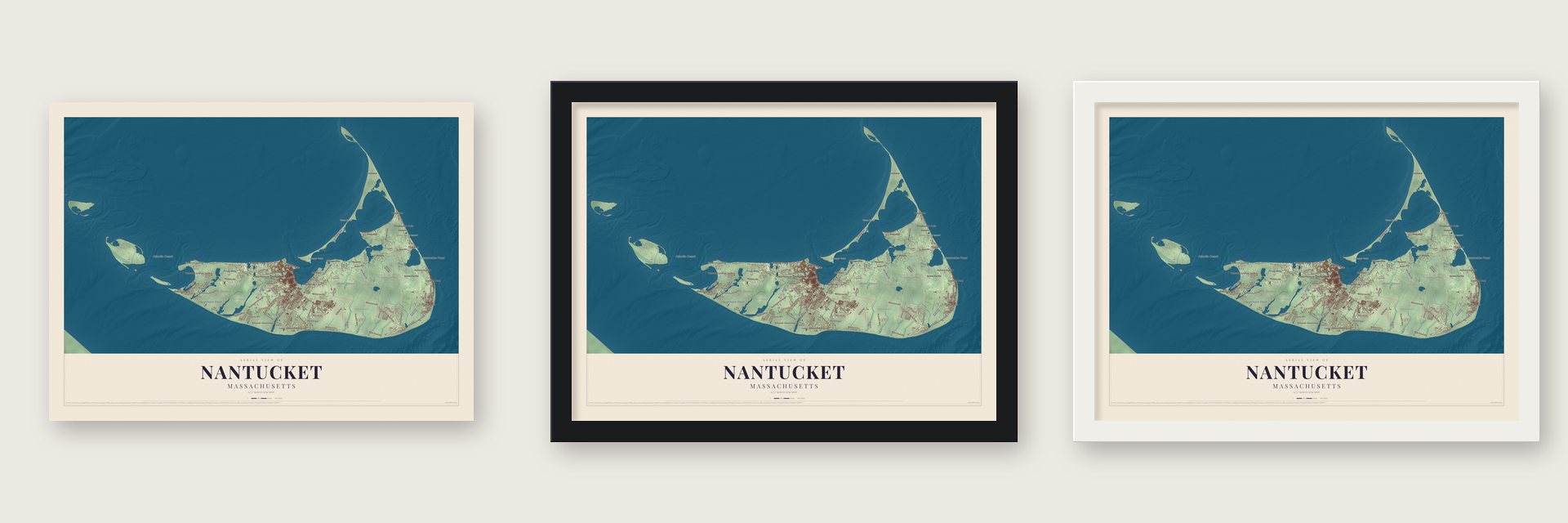 Nantucket, Massachusetts map unframed, in a black wood frame and in a white wood frame