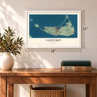Nantucket, Massachusetts map, 12 x 18 inch print in a white frame in an entryway