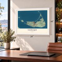 Nantucket, Massachusetts map, 18 x 24 inch print in a white frame in a home office