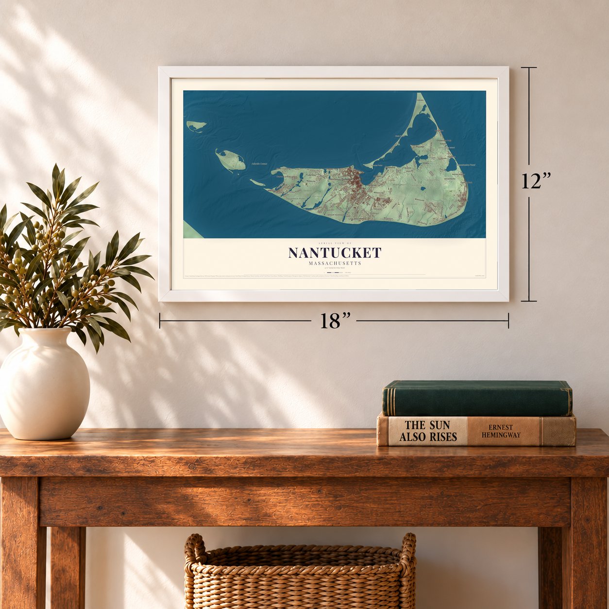 Nantucket, Massachusetts map, 12 x 18 inch print in a white frame in an entryway