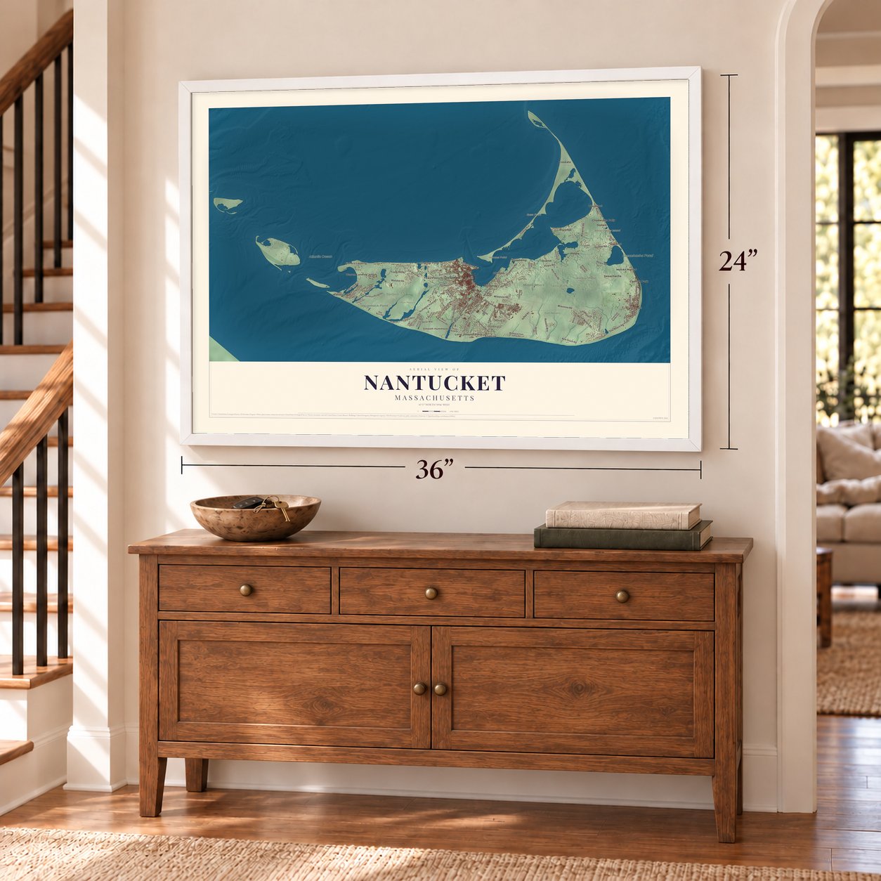 Nantucket, Massachusetts map, 24 x 36 inch print in a white frame above a dresser by a staircase