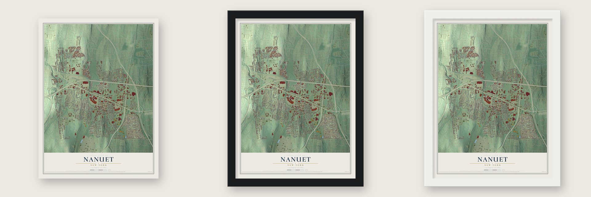Nanuet, New York map unframed, in a black wood frame and in a white wood frame