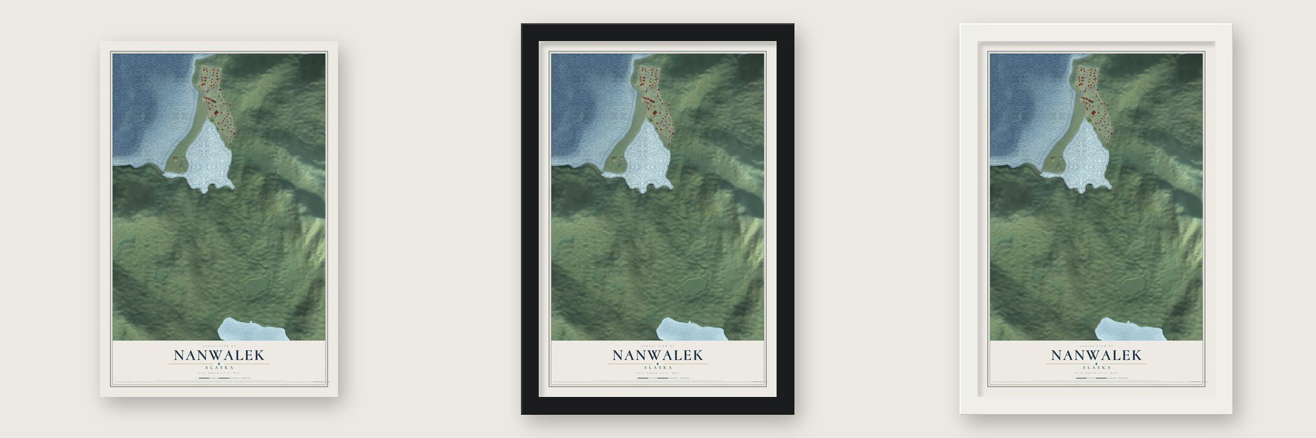Nanwalek, Alaska map unframed, in a black wood frame and in a white wood frame