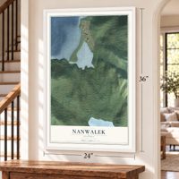 Nanwalek, Alaska map, 24 x 36 inch print in a white frame by a staircase