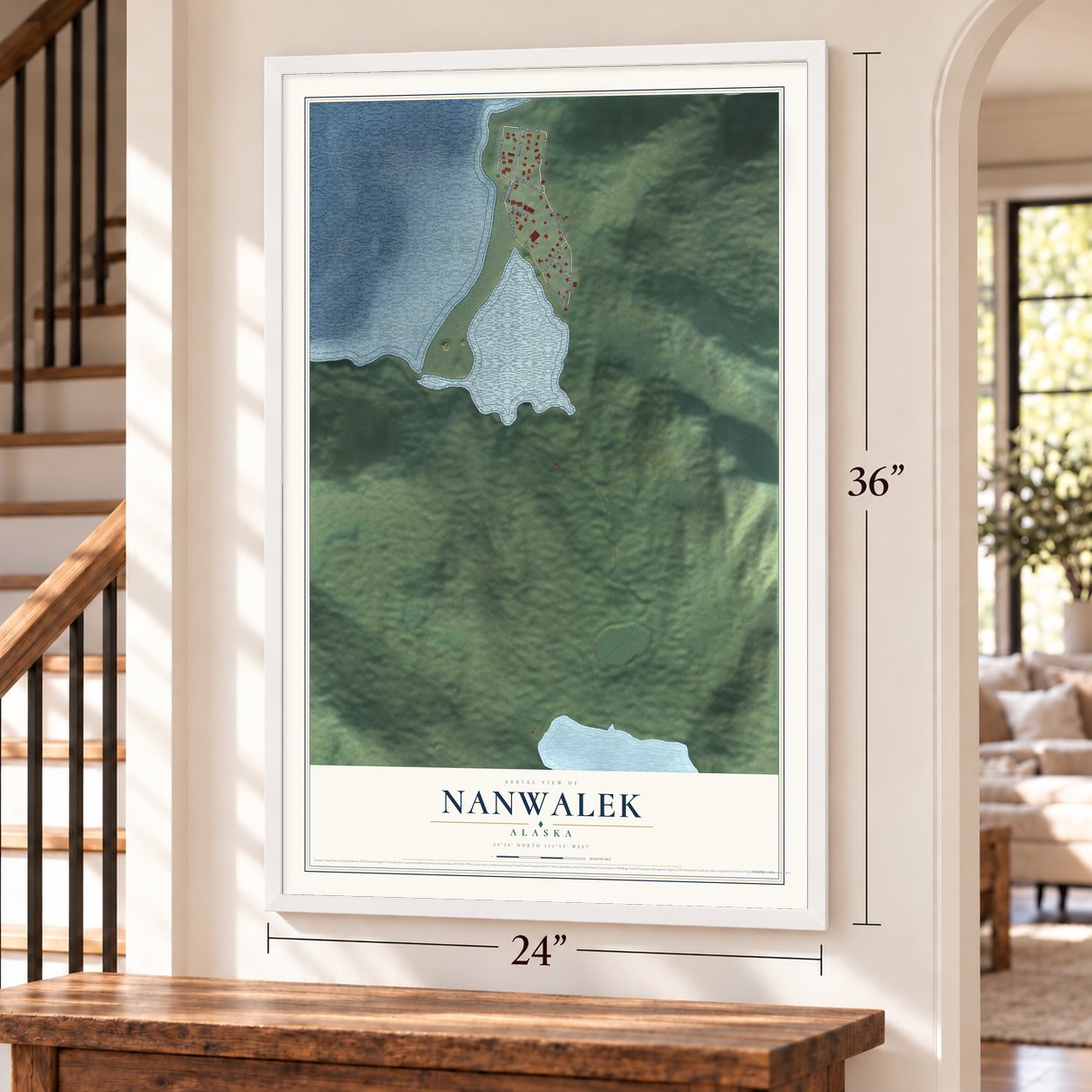 Nanwalek, Alaska map, 24 x 36 inch print in a white frame by a staircase