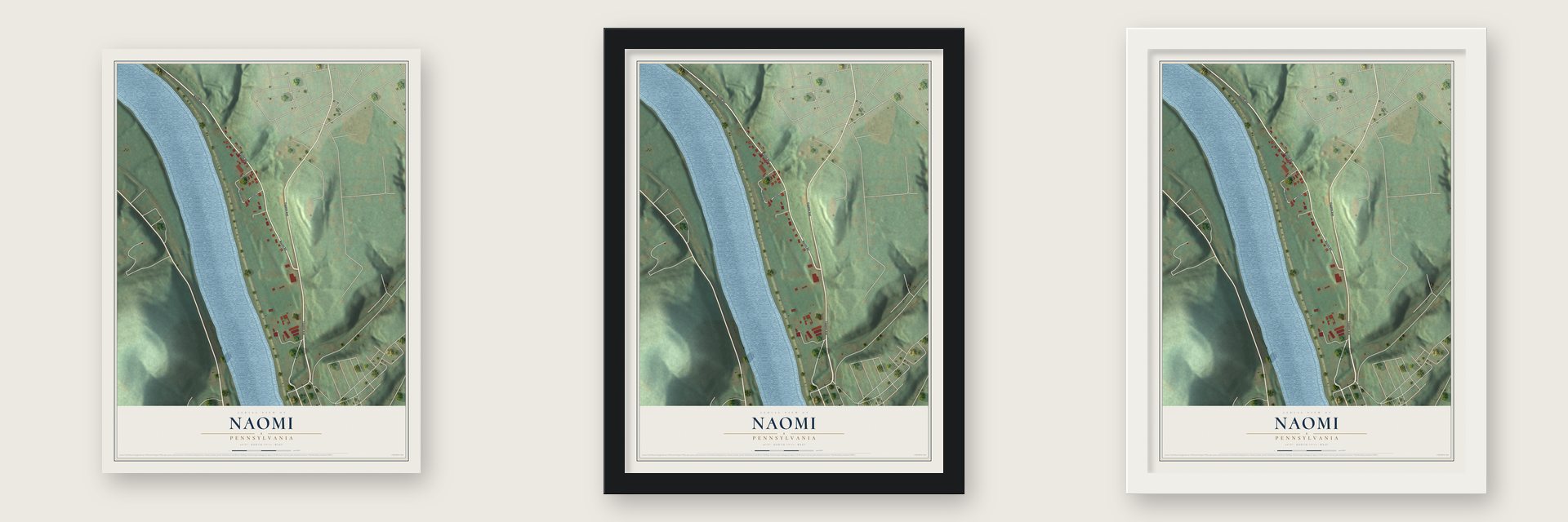 Naomi, Pennsylvania map unframed, in a black wood frame and in a white wood frame
