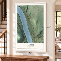 Naomi, Pennsylvania map, 24 x 36 inch print in a white frame by a staircase