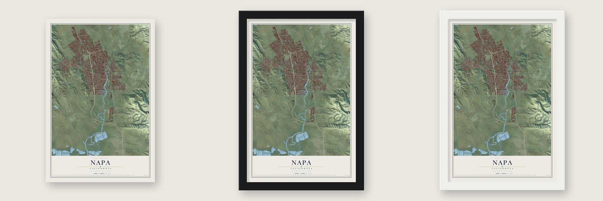 Napa, California map unframed, in a black wood frame and in a white wood frame