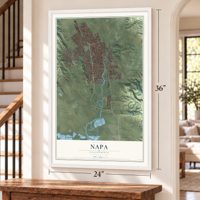 Napa, California map, 24 x 36 inch print in a white frame by a staircase