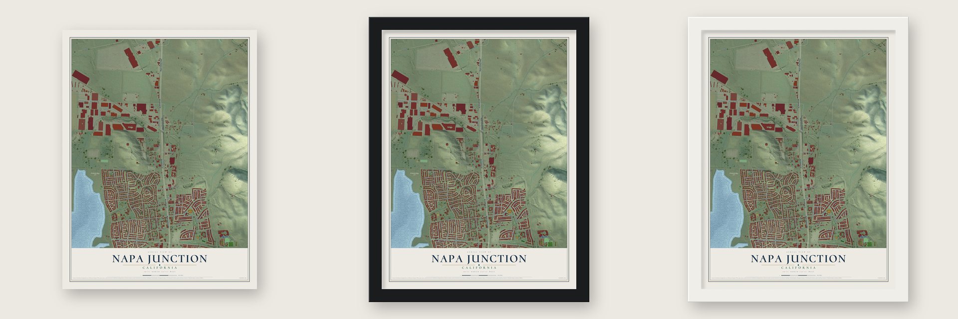 Napa Junction, California map unframed, in a black wood frame and in a white wood frame
