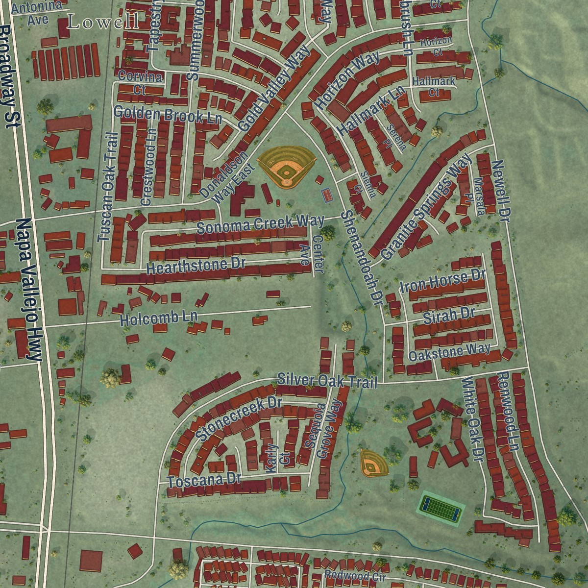 Second close-up of the map of Napa Junction, California print showing more streets and buildings