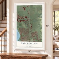 Napa Junction, California map, 24 x 36 inch print in a white frame by a staircase