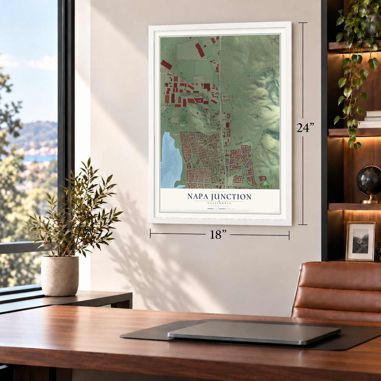 Napa Junction, California map, 18 x 24 inch print in a white frame in a home office