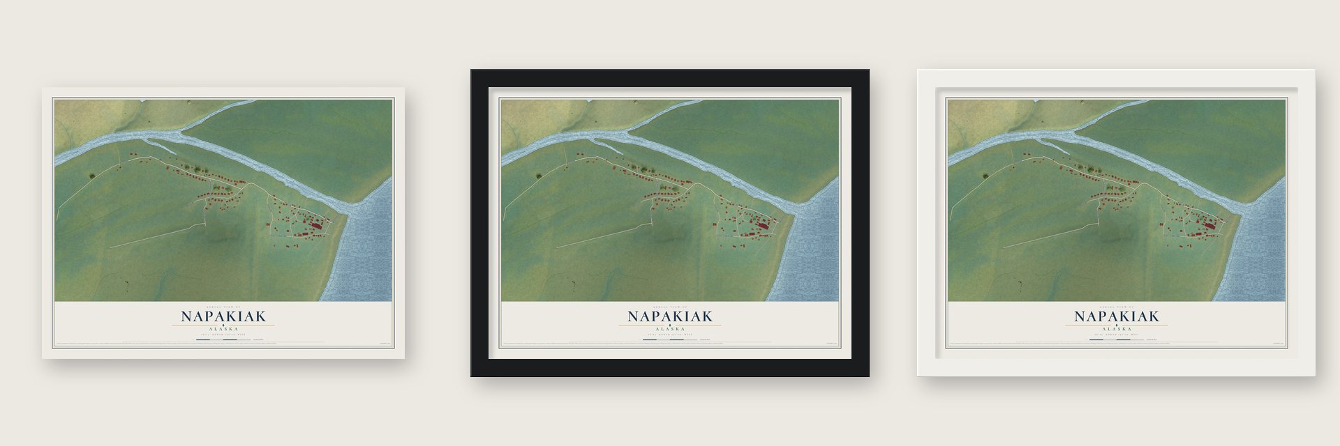 Napakiak, Alaska map unframed, in a black wood frame and in a white wood frame