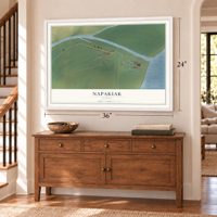 Napakiak, Alaska map, 24 x 36 inch print in a white frame above a dresser by a staircase