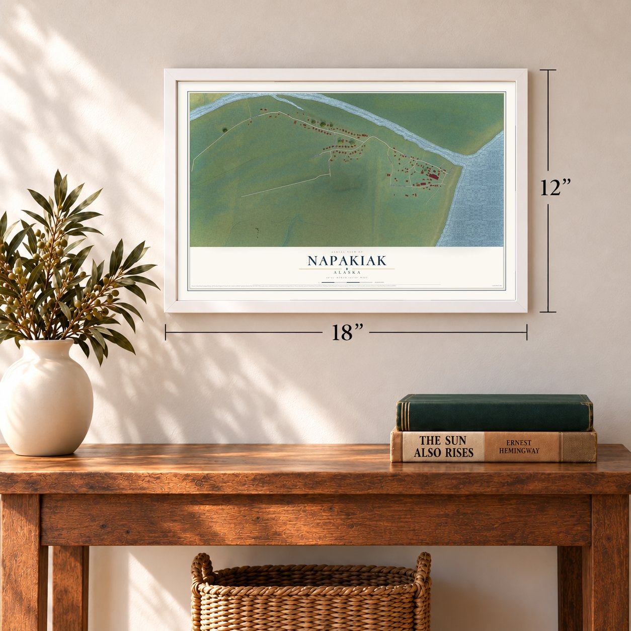 Napakiak, Alaska map, 12 x 18 inch print in a white frame in an entryway