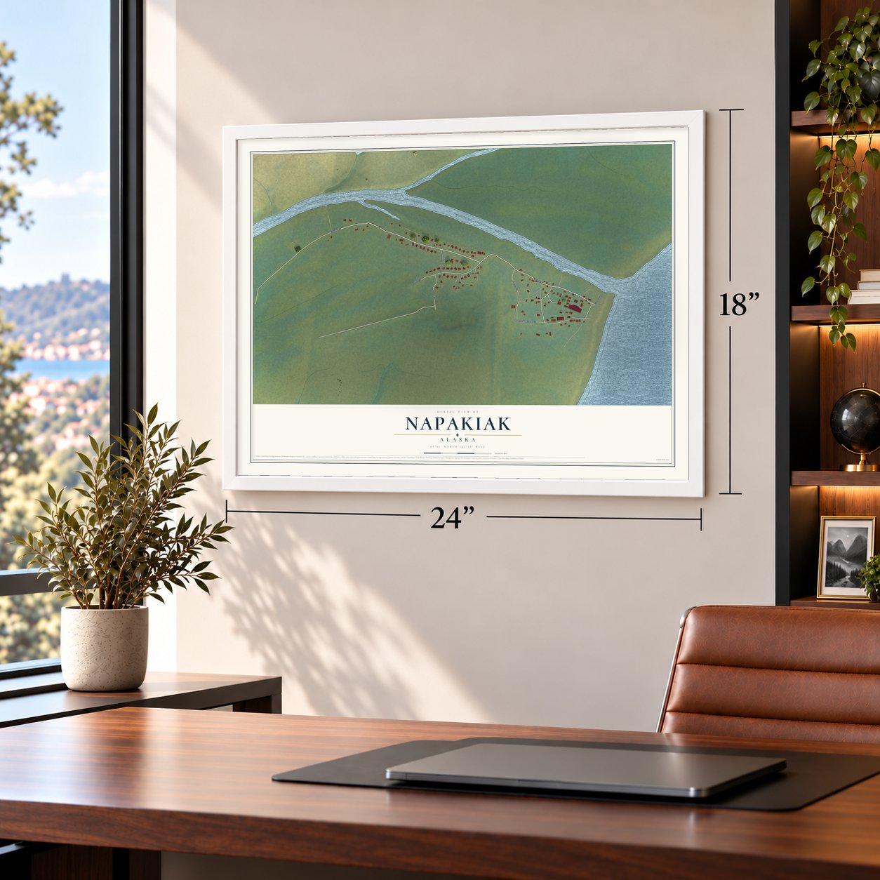 Napakiak, Alaska map, 18 x 24 inch print in a white frame in a home office