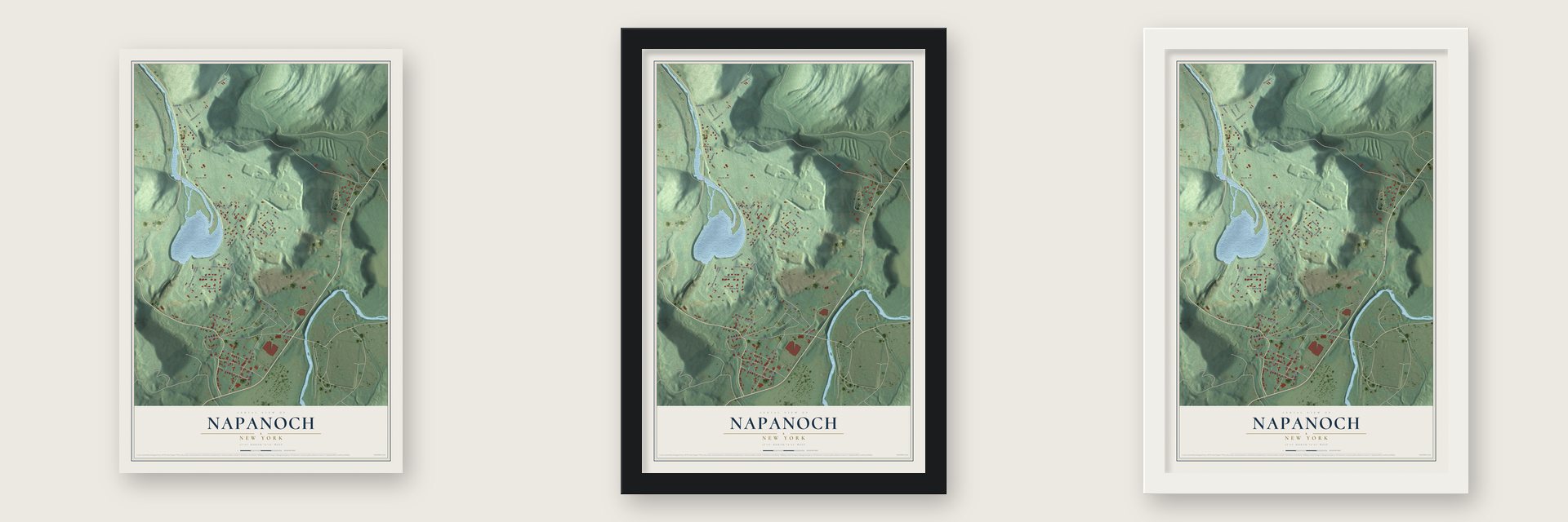 Napanoch, New York map unframed, in a black wood frame and in a white wood frame