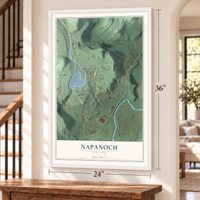 Napanoch, New York map, 24 x 36 inch print in a white frame by a staircase
