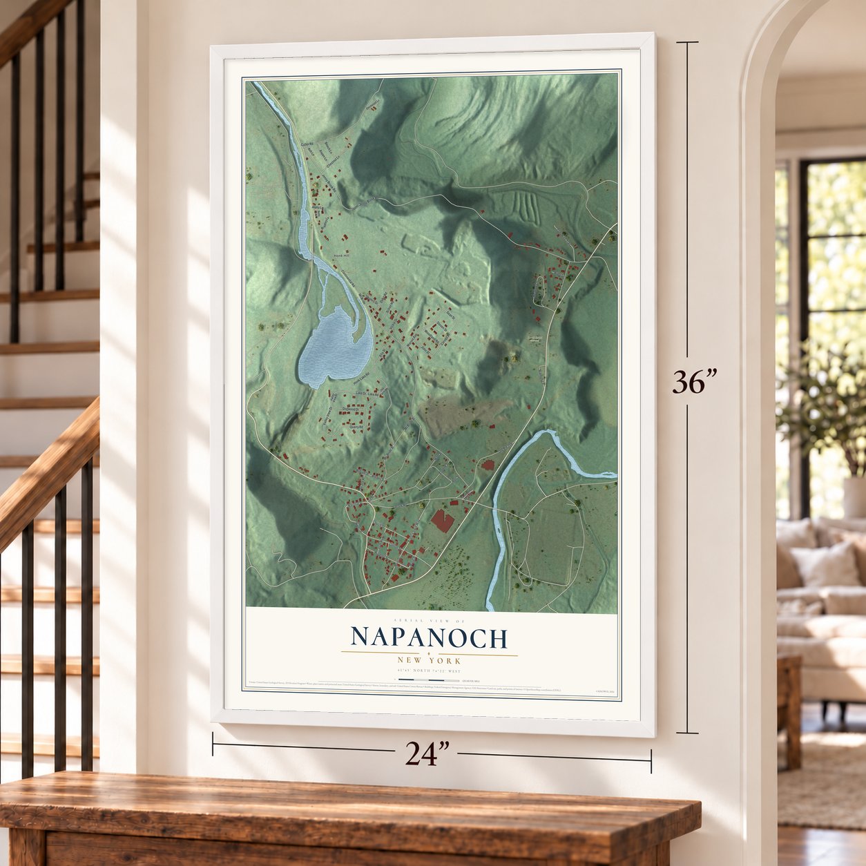 Napanoch, New York map, 24 x 36 inch print in a white frame by a staircase