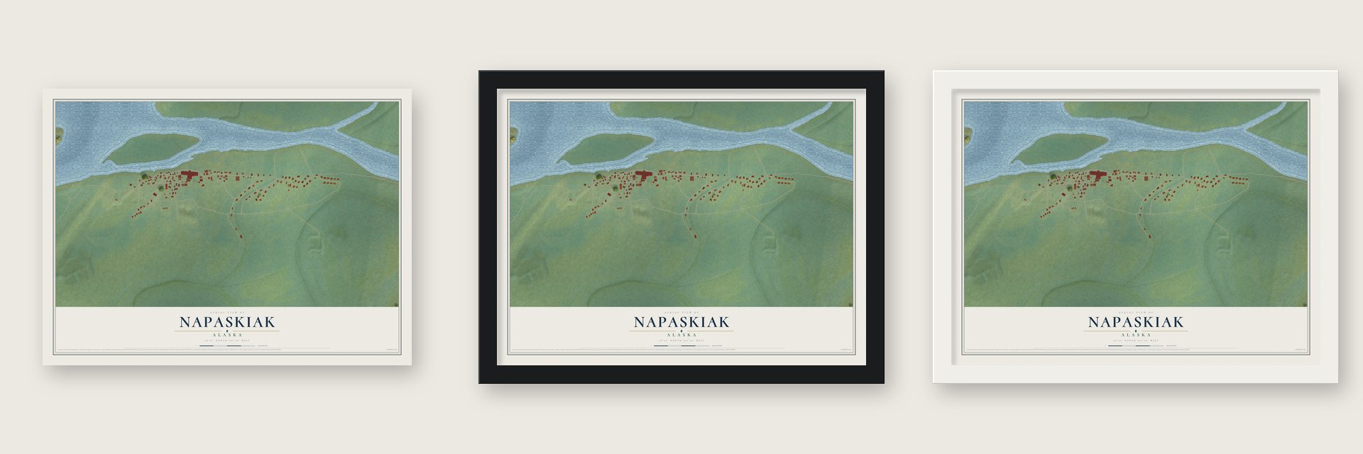 Napaskiak, Alaska map unframed, in a black wood frame and in a white wood frame