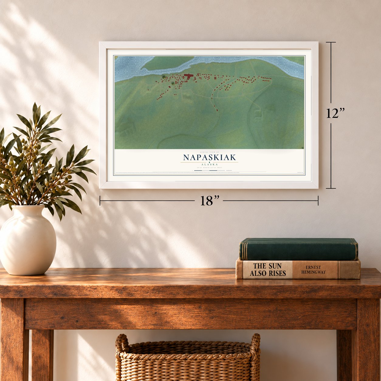Napaskiak, Alaska map, 12 x 18 inch print in a white frame in an entryway