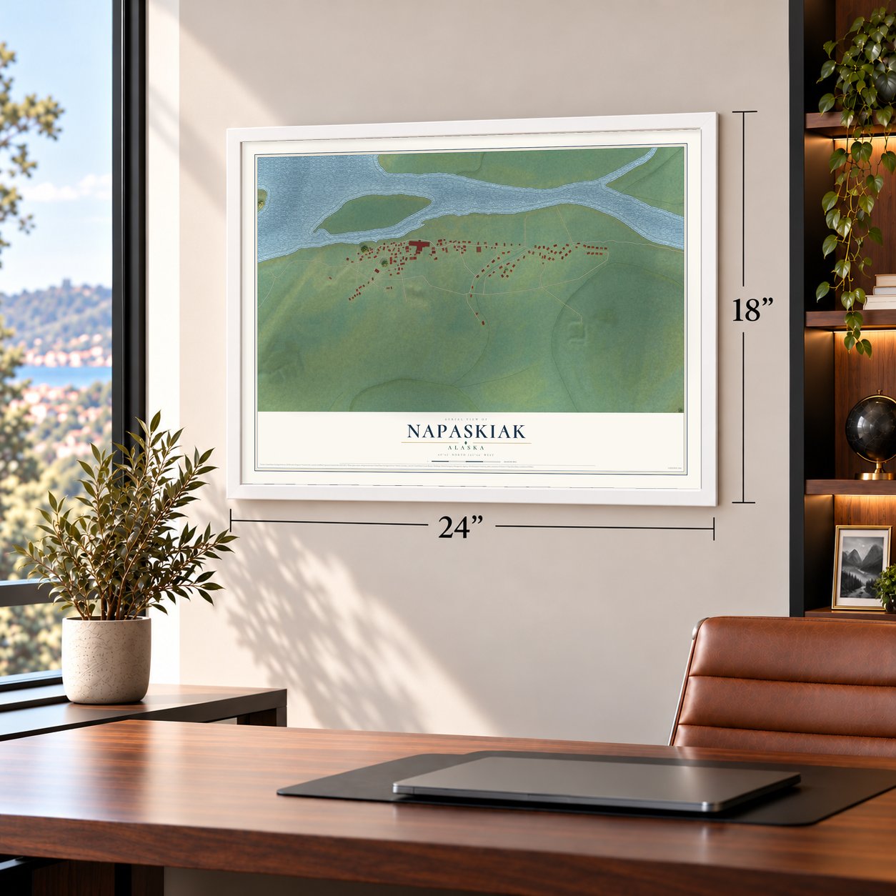 Napaskiak, Alaska map, 18 x 24 inch print in a white frame in a home office