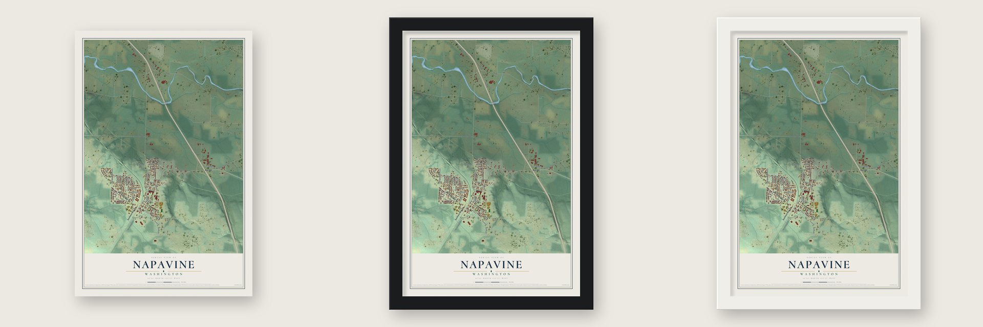 Napavine, Washington map unframed, in a black wood frame and in a white wood frame