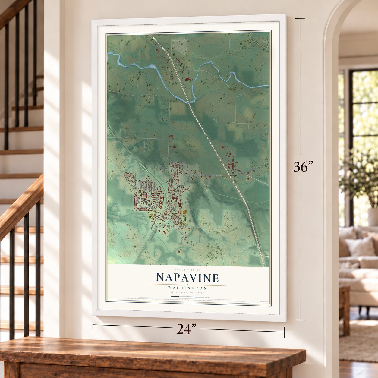 Napavine, Washington map, 24 x 36 inch print in a white frame by a staircase