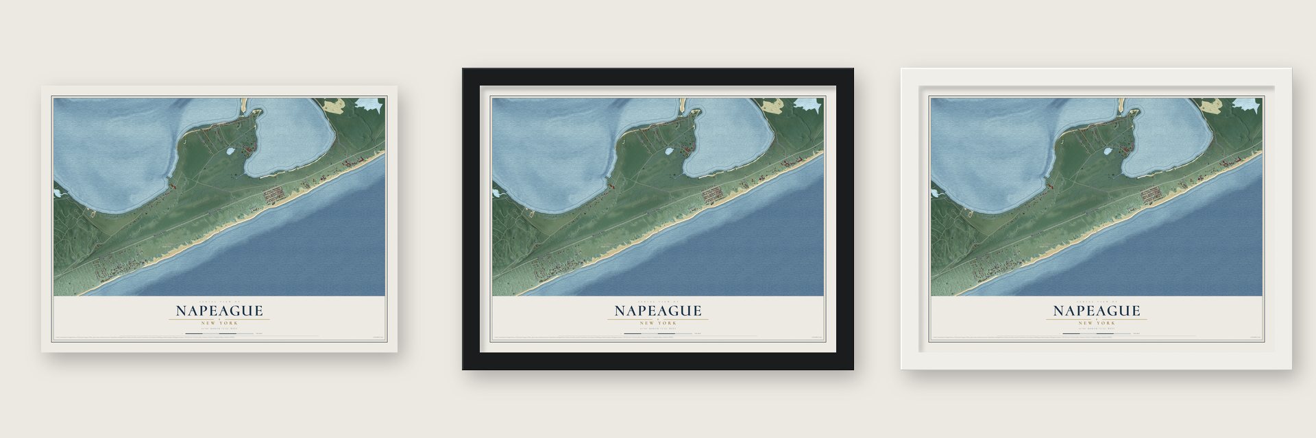 Napeague, New York map unframed, in a black wood frame and in a white wood frame