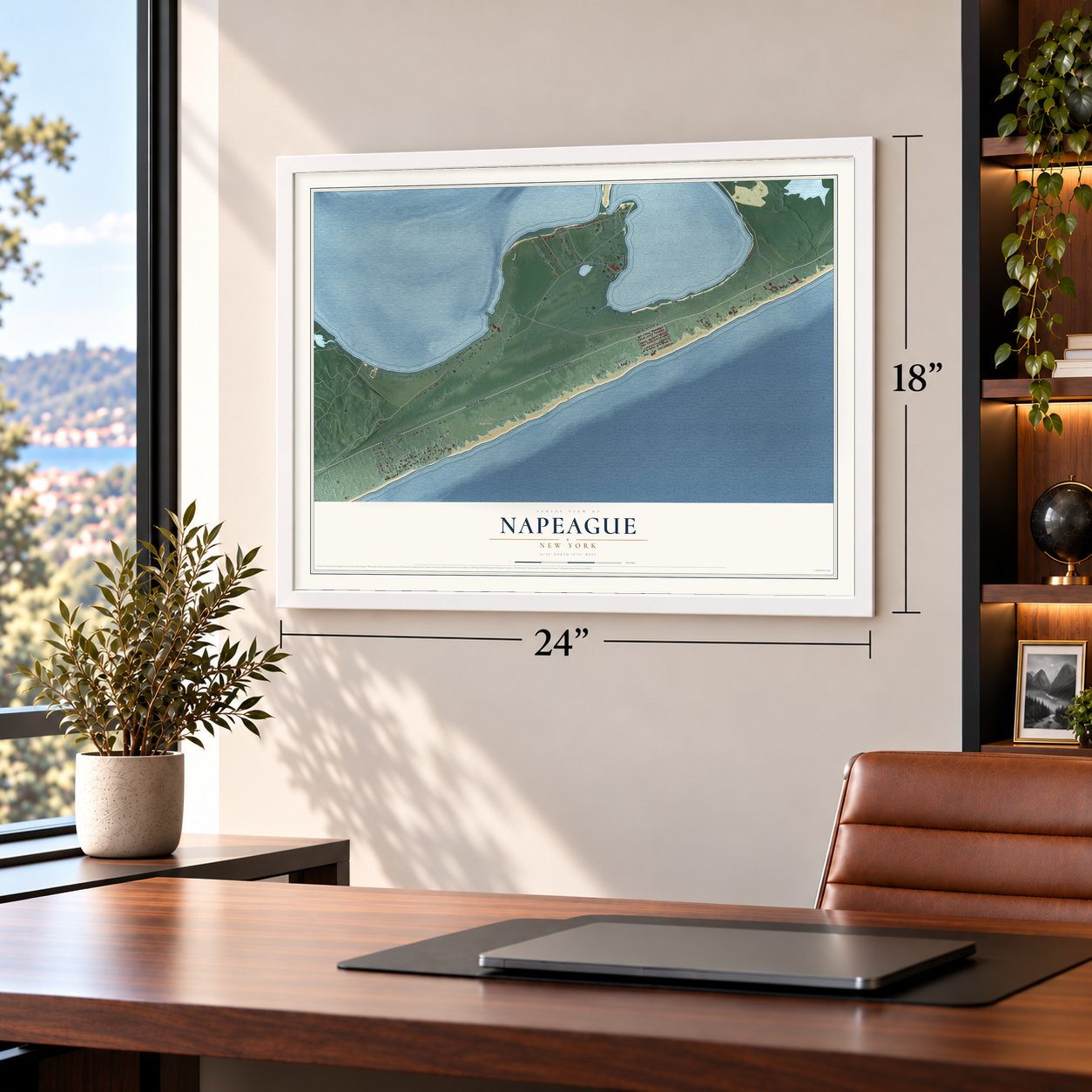 Napeague, New York map, 18 x 24 inch print in a white frame in a home office