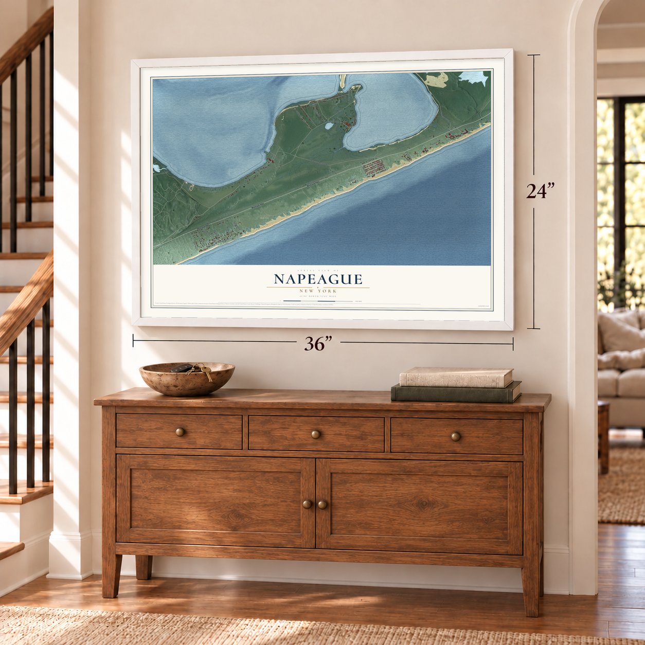 Napeague, New York map, 24 x 36 inch print in a white frame above a dresser by a staircase
