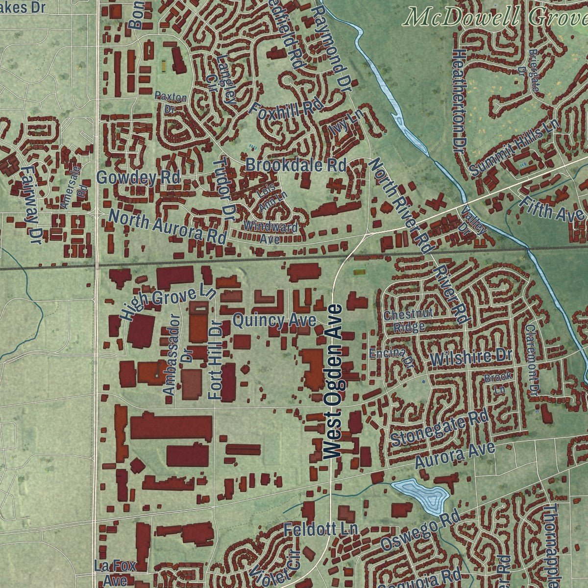 Second close-up of the map of Naperville, Illinois print showing more streets and buildings