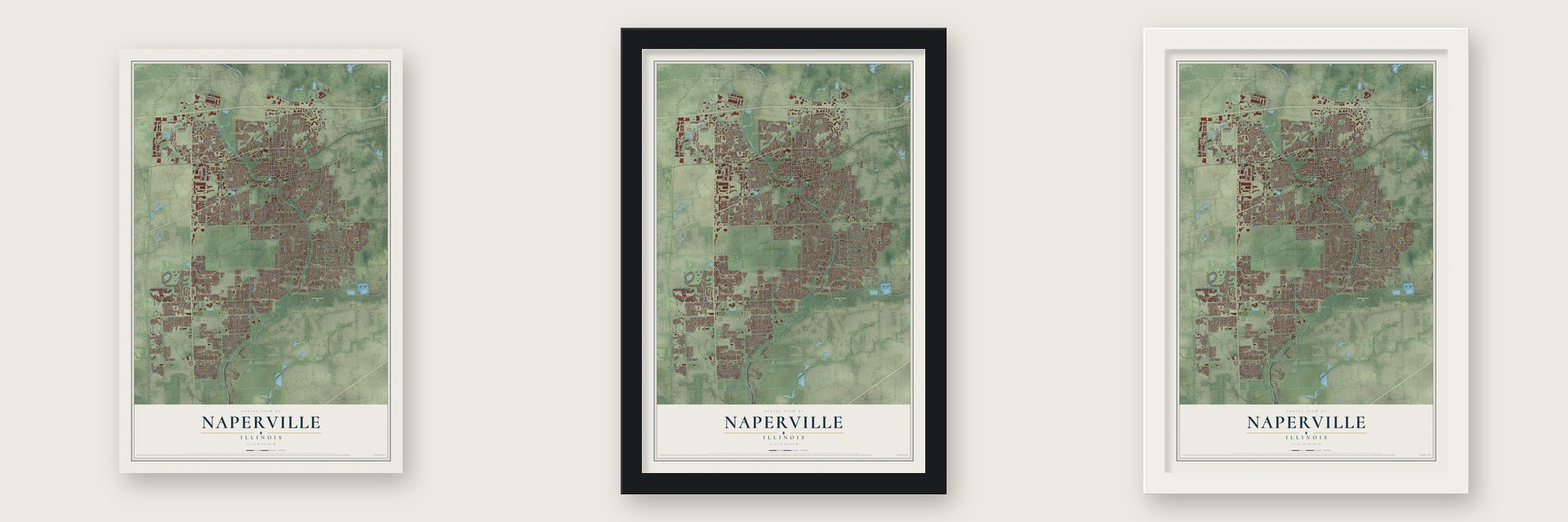 Naperville, Illinois map unframed, in a black wood frame and in a white wood frame