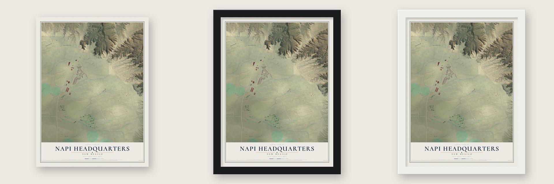 Napi Headquarters, New Mexico map unframed, in a black wood frame and in a white wood frame