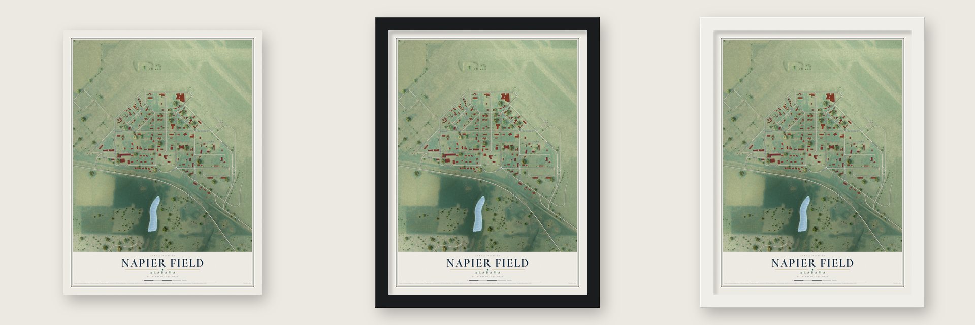 Napier Field, Alabama map unframed, in a black wood frame and in a white wood frame