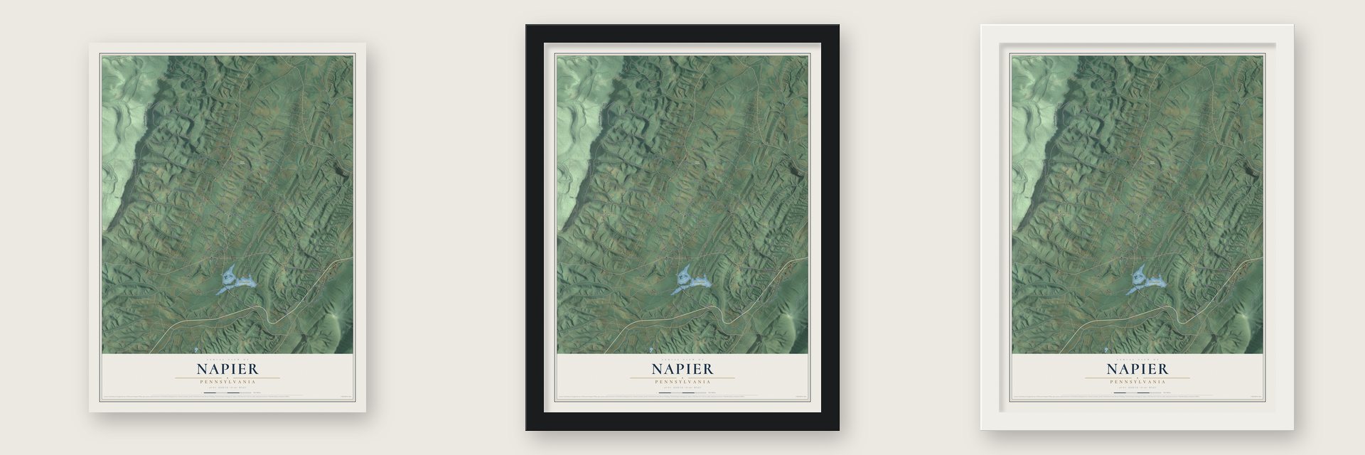 Napier, Pennsylvania map unframed, in a black wood frame and in a white wood frame