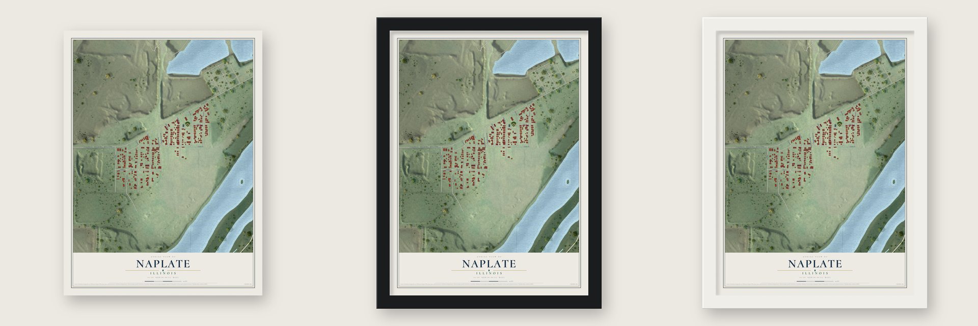 Naplate, Illinois map unframed, in a black wood frame and in a white wood frame