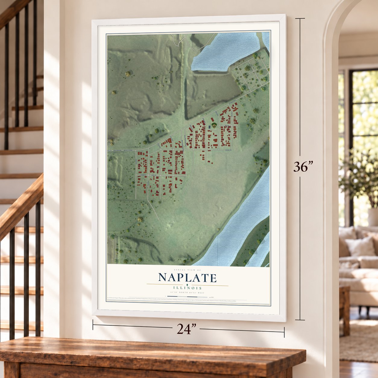 Naplate, Illinois map, 24 x 36 inch print in a white frame by a staircase