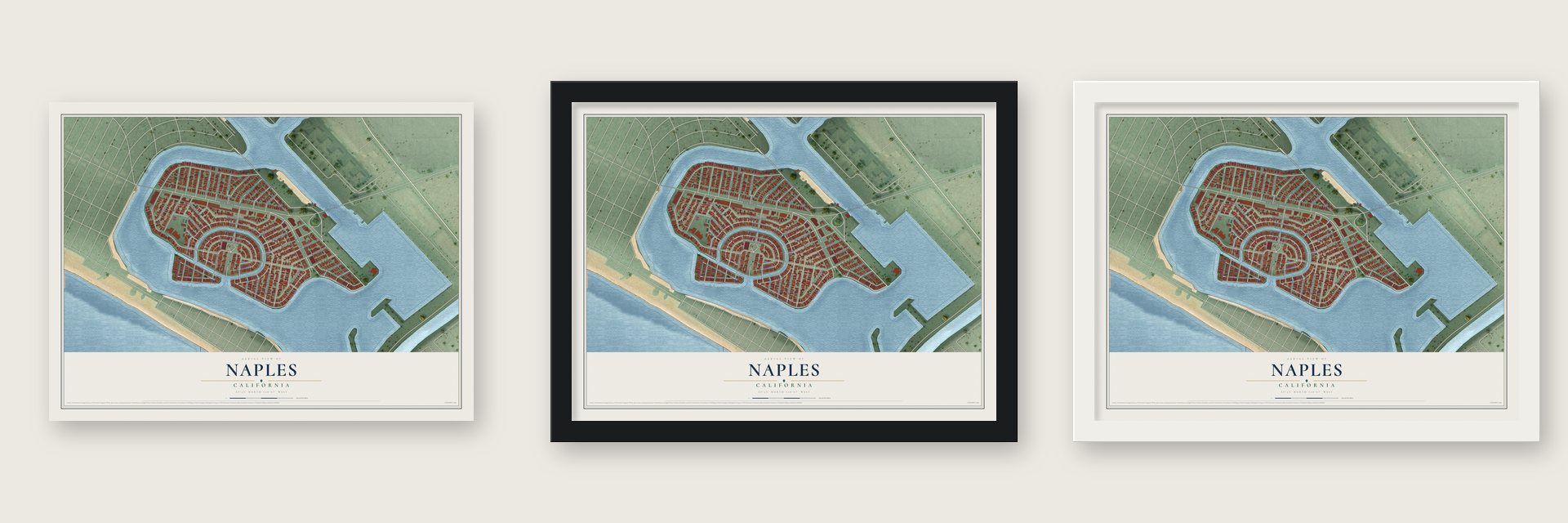 Naples, California map unframed, in a black wood frame and in a white wood frame