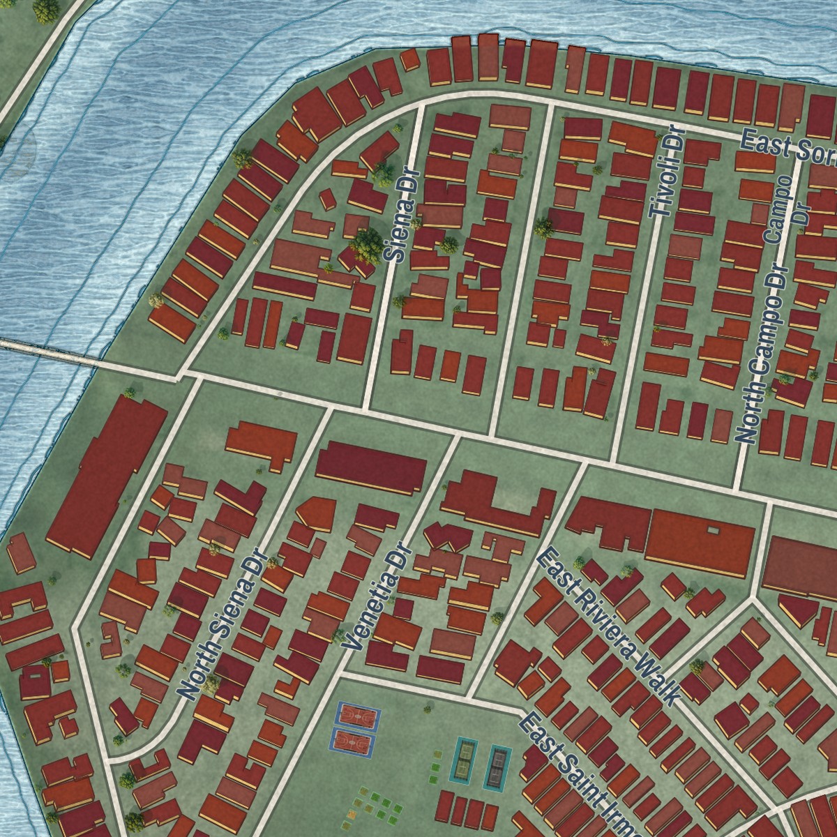 Second close-up of the map of Naples, California print showing more streets and buildings