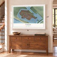 Naples, California map, 24 x 36 inch print in a white frame above a dresser by a staircase