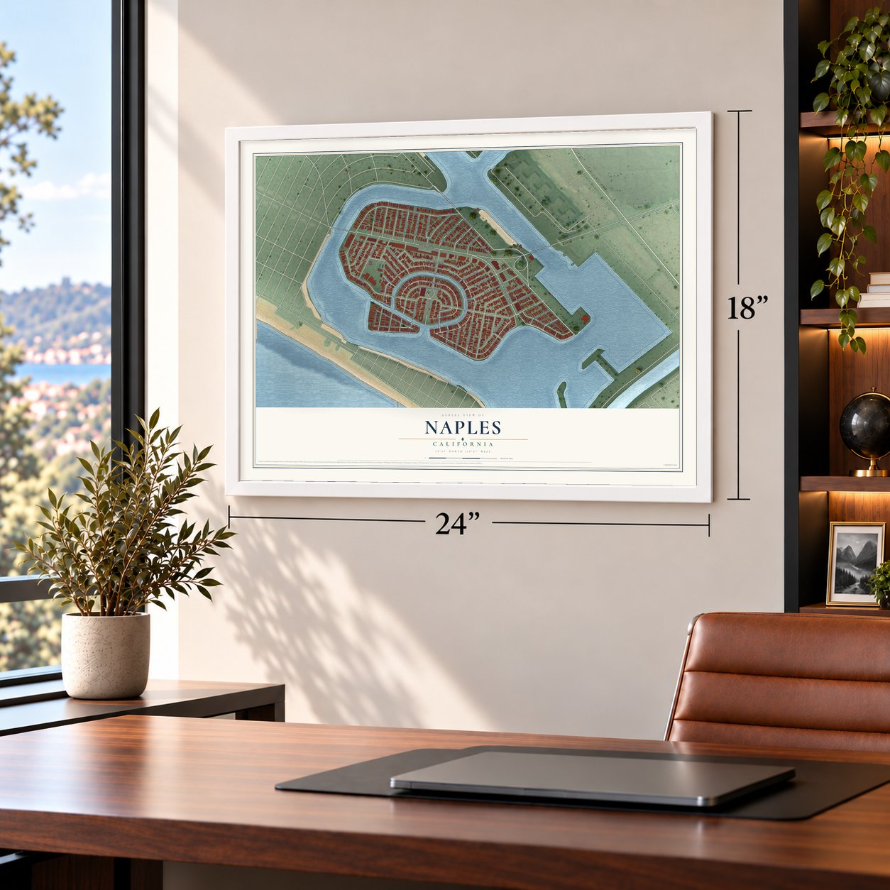 Naples, California map, 18 x 24 inch print in a white frame in a home office