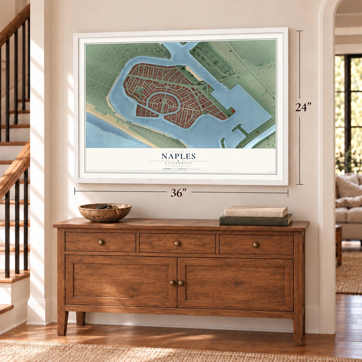 Naples, California map, 24 x 36 inch print in a white frame above a dresser by a staircase