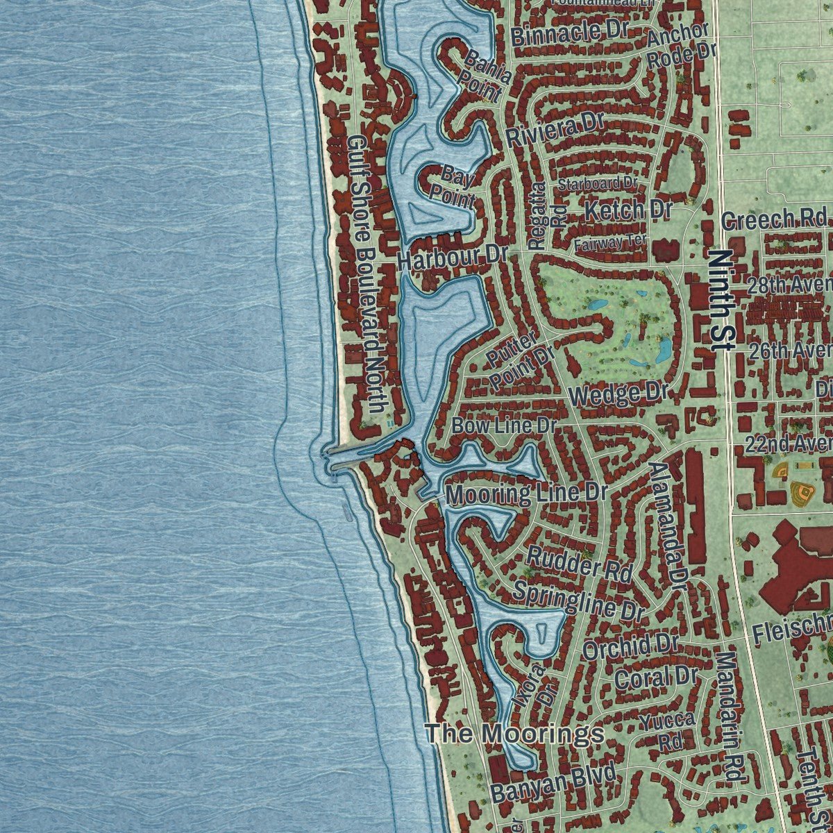 Second close-up of the map of Naples, Florida print showing more streets and buildings