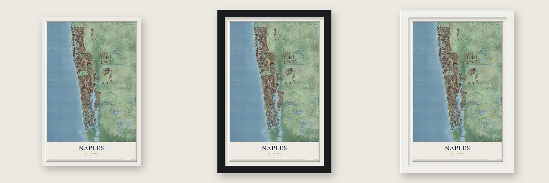Naples, Florida map unframed, in a black wood frame and in a white wood frame
