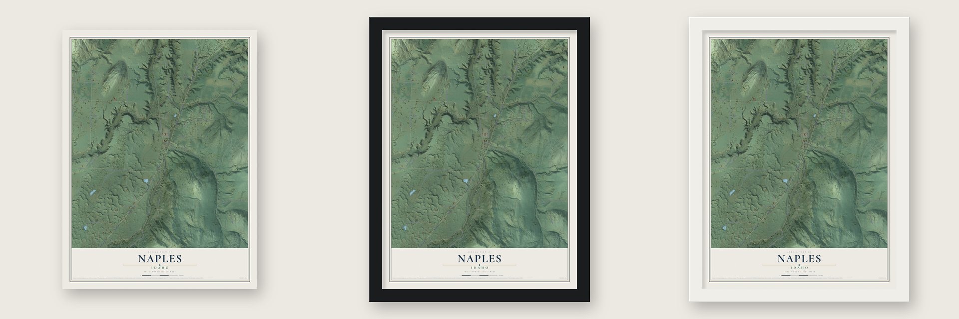 Naples, Idaho map unframed, in a black wood frame and in a white wood frame