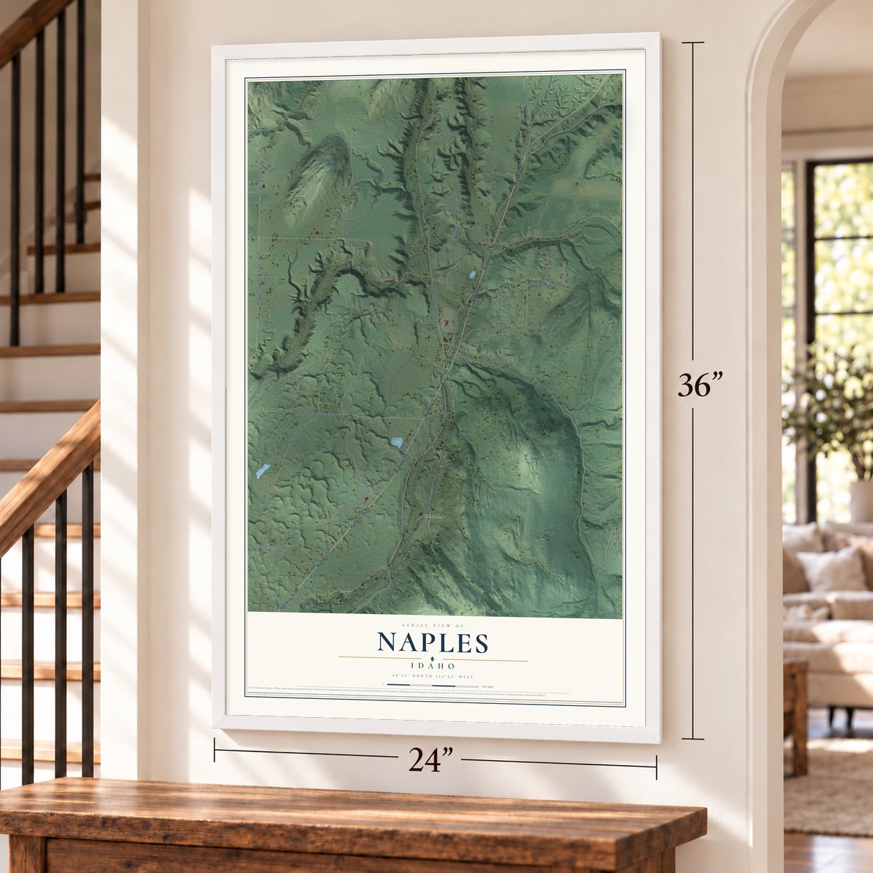 Naples, Idaho map, 24 x 36 inch print in a white frame by a staircase